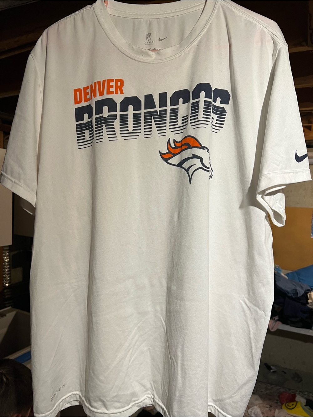 Nike White Denver Broncos Graphic Tee with Orange and Navy Accents